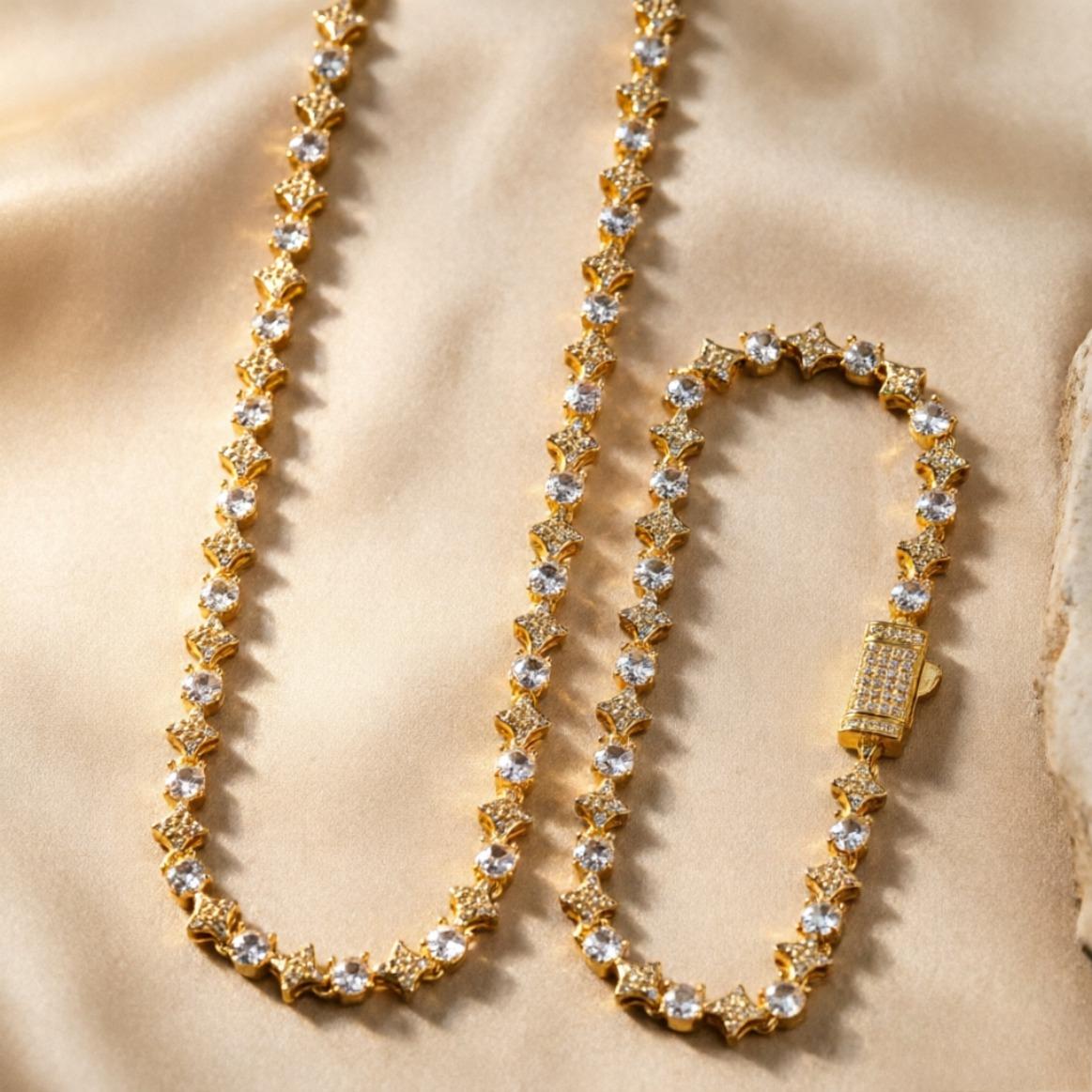 Mixed Quadrangular Star Tennis Chain Necklace & Bracelet Round Cut Iced Out Moissanite HipHop Jewelry Gift Luxury Shine Unisex Trend