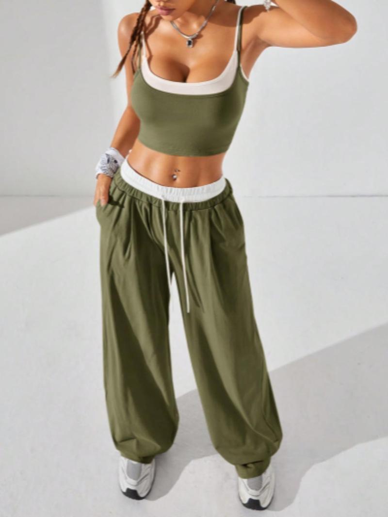 Two-Piece Set Women's Colorblock 2 in 1 Cami Top & Wide Leg Pants Set, Casual Sleeveless Top & Pocket Trousers, Ladies Summer Clothes, Casual Lounge Set