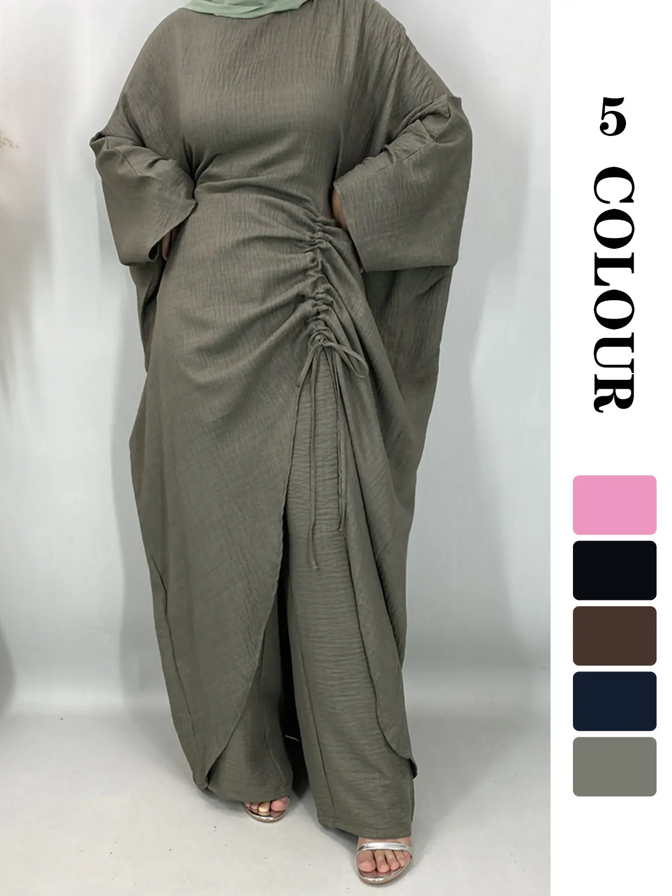 Trendy Crepe 2-Piece Set (top + Pants), Matching Sets, Abaya, Batwing Sleeves, Side Drawstring Top, Wide Leg Pants, 5 Colors, 5 Sizes, Slimming Fit 【Does not include hijab】
