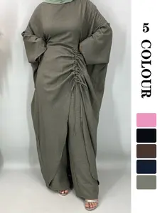 Trendy Crepe 2-Piece Set (top + Pants), Abaya, Batwing Sleeves, Side Drawstring Top, Wide Leg Pants, 5 Colors, 5 Sizes, Slimming Fit 【Does not include hijab】