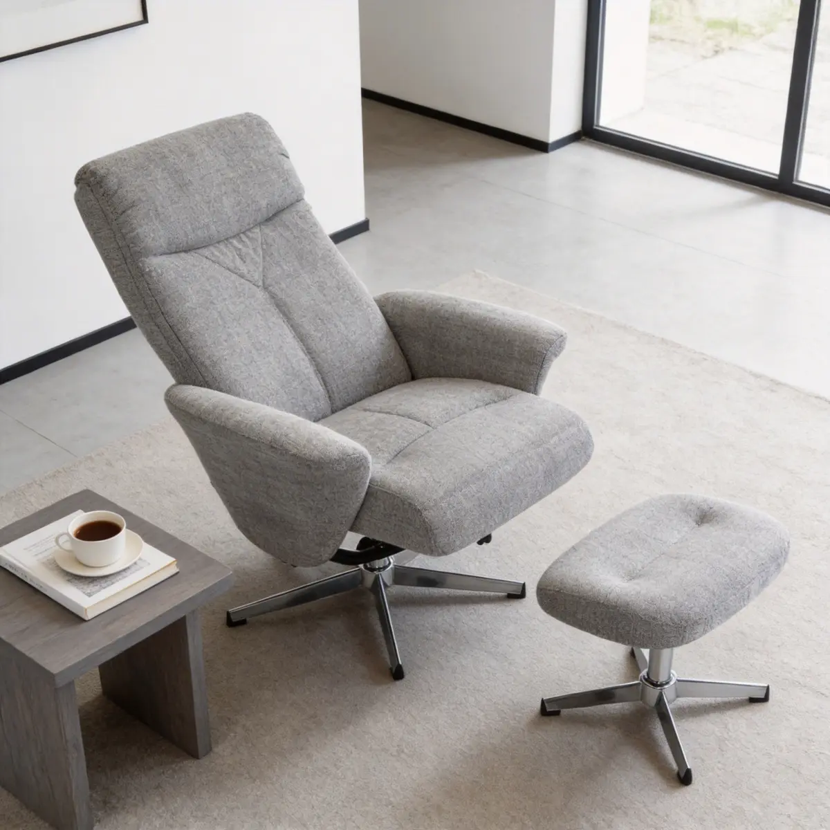 Swivel chenille Recliner with Ottoman Chair Modern Armchair Ergonomic Push Manual Reclining Footrest Upholstered Bedroom Living Room Reading Home Relax Office, Light Grey