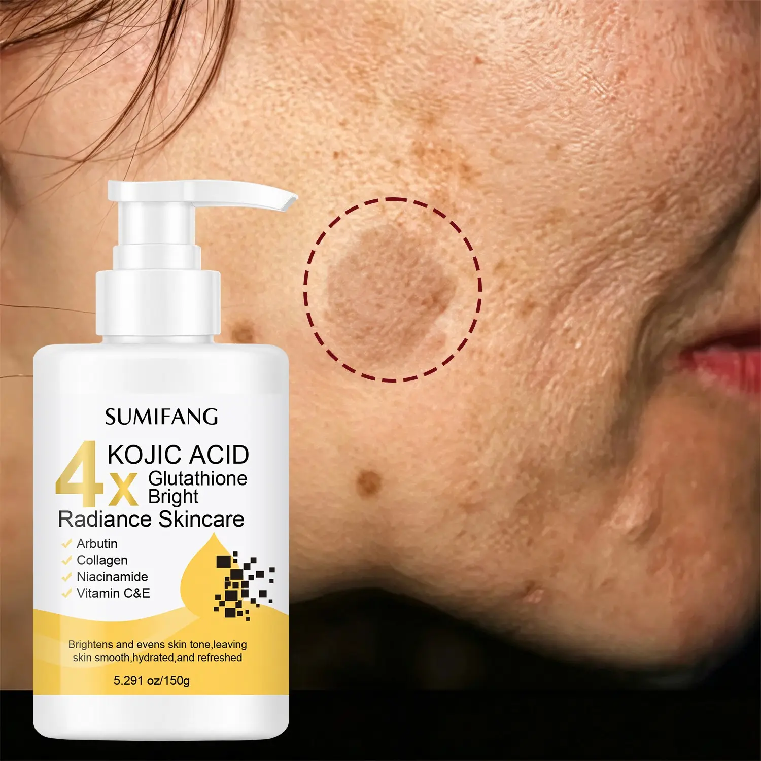 Multi-ingredient plant-based brightening body lotion, lightweight and quickly absorbed, contains multiple brightening ingredients to hydrate, moisturize, improve dullness, smooth skin, and radiate a luminous complexion.