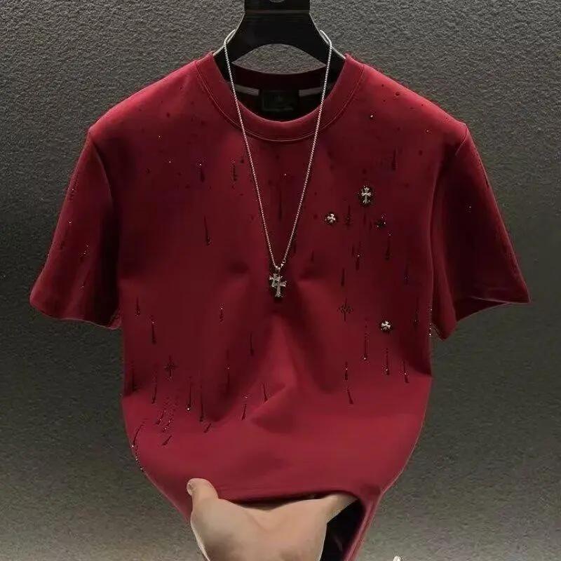 Summer Short Sleeve Men's Top Heavy Craft Light Luxury High-end Meteor Full Diamond T-shirt Men's Round Neck Half Sleeve T-shirt Fabric Menswear Crewneck Shortsleeve Seamless Spandex Stylish Tshirt Streetwear Casual.