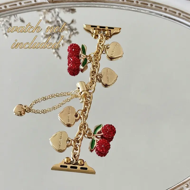 1PC fashionable heart-shaped cherry combination chain Apple Watch bands, Smart Watch Accessories, compatible with Apple Watch 38/40/41/42/44/45/46/49mm, for Ultra/SE/11/10/9/8/7/6/5/4/3/2/1, (watch and case not included), Smartwatch Accessories