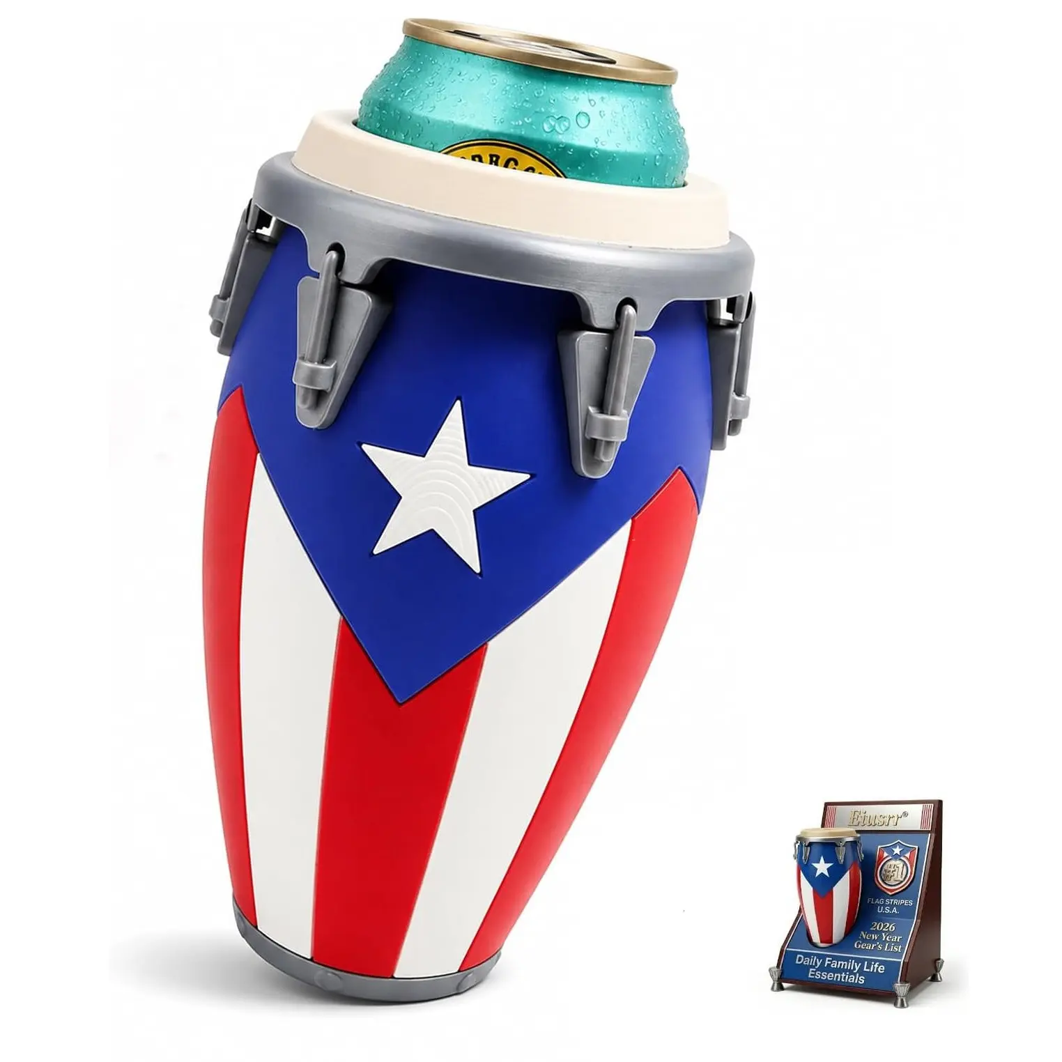 Conga-Style Can Holder – Celebrate Caribbean Pride, One Sip at a Time, Puerto Rican Flag Conga Style 3D Printed 12oz Can Holder, Boricua Caribbean Gift Ornaments Decor Lightweight