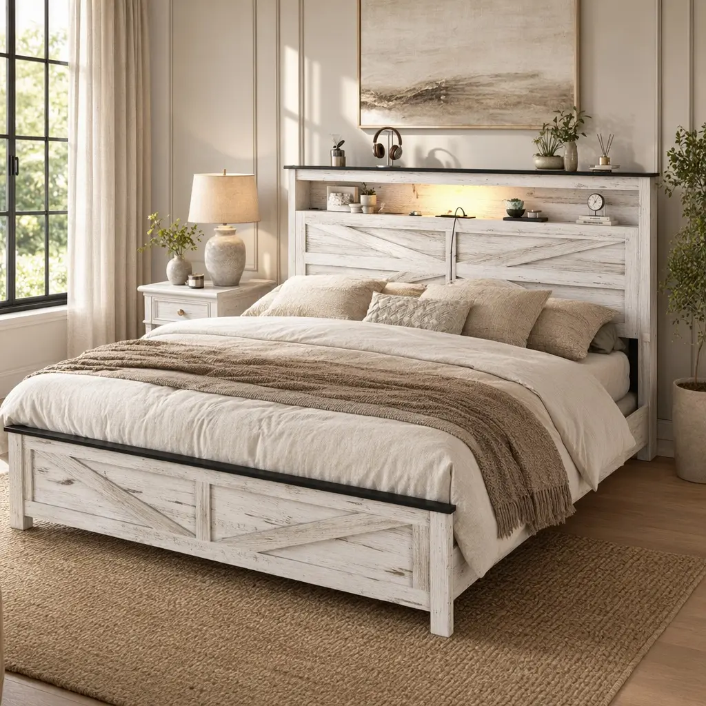 Farmhouse Queen Platform Bed with Storage Headboard and Charging Station, Antique White Rustic Design, No Box Spring Needed, Sturdy Metal Slats, 6.3-Inch Under-Bed Clearance
