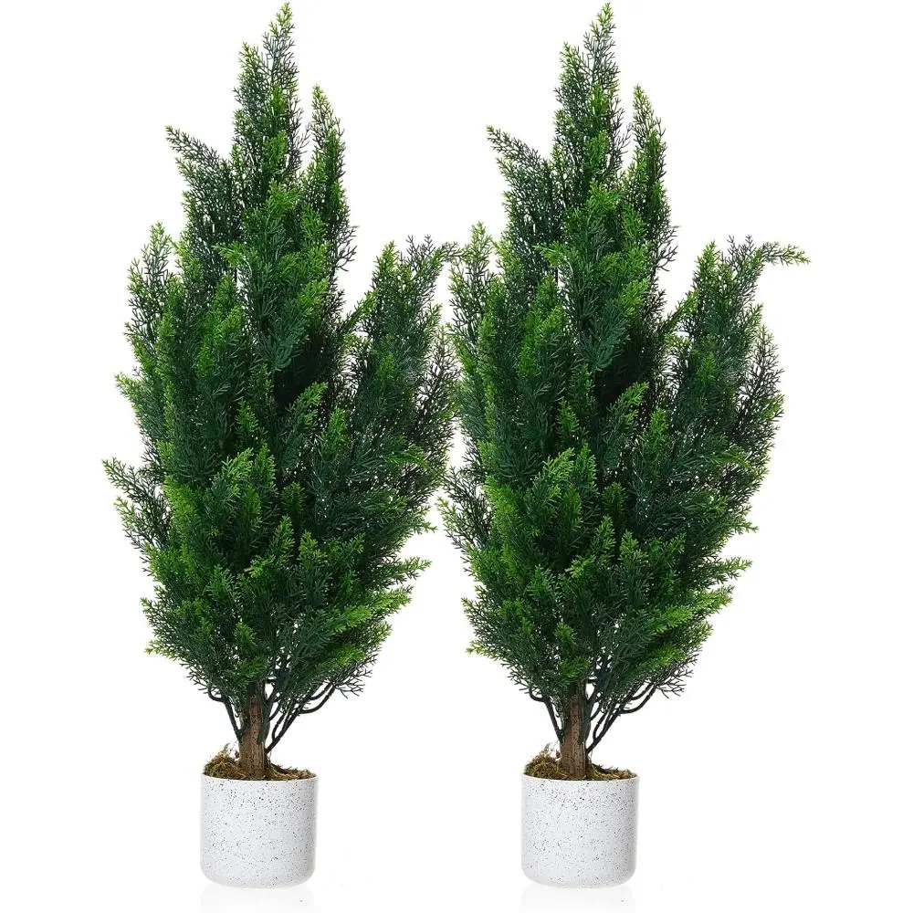 Artificial Set of 2 Topiary Cedar Trees 3FT, Realistic Faux Pine Shrubs Floor Plants, Fake Cypress Bushes for Outdoor Indoor Porch Front Christmas Door Office Landscape Decor