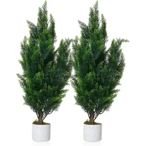 Artificial Set of 2 Topiary Cedar Trees 3FT, Realistic Faux Pine Shrubs Floor Plants, Fake Cypress Bushes for Outdoor Indoor Porch Front Christmas Door Office Landscape Decor