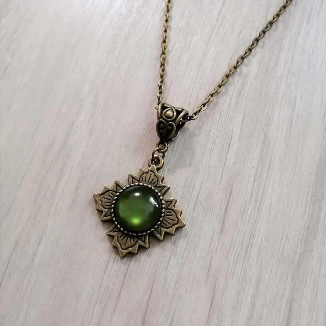 Vintage Necklace Bronze Cross Pendant with Green Stone Medieval Victorian Gothic Style