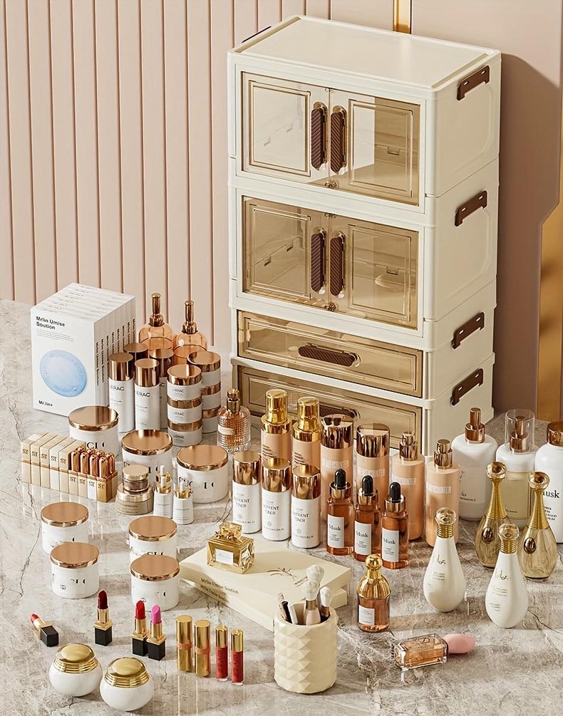 Foldable Large Makeup Storage Case with Drawers, Transparent Cosmetic Organizer Cabinet for Skincare and Makeup Products, Large Capacity