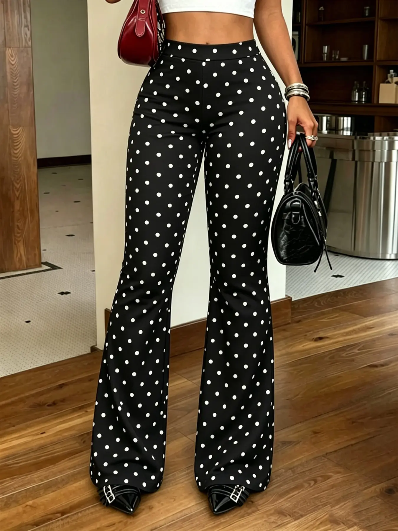 TikTok Trending Women's Y2K Polka Dot Flare Pants, High Waist Slim Fit Bell Bottom Trousers, Stretchy & Soft Fabric, Retro 90s Style, Casual & Party Wear, Perfect for Music Festival & Daily Outfits