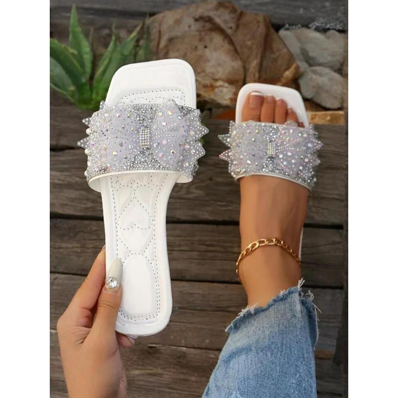 (New)Women's Rhinestone Decorated Bowknot Design Slides, Casual Comfortable Square Toe Slippers for Summer, Fashionable Slides for Indoor & Outdoor Wear, Shoe
