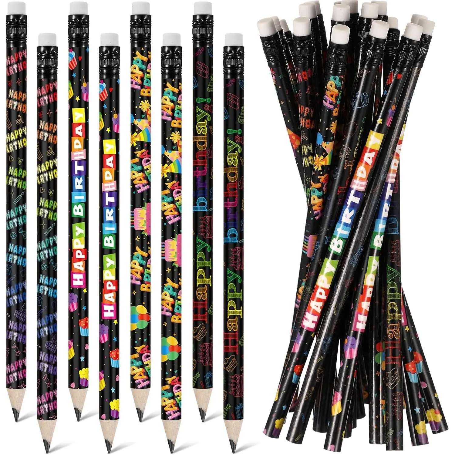 60 Pcs Happy Birthday Pencils Colorful Birthday School Student Supplies Unsharpened HB Pencils with Erasers Stationery Bulk for Teacher Classroom Reward Party Supplies(Black,Birthday)