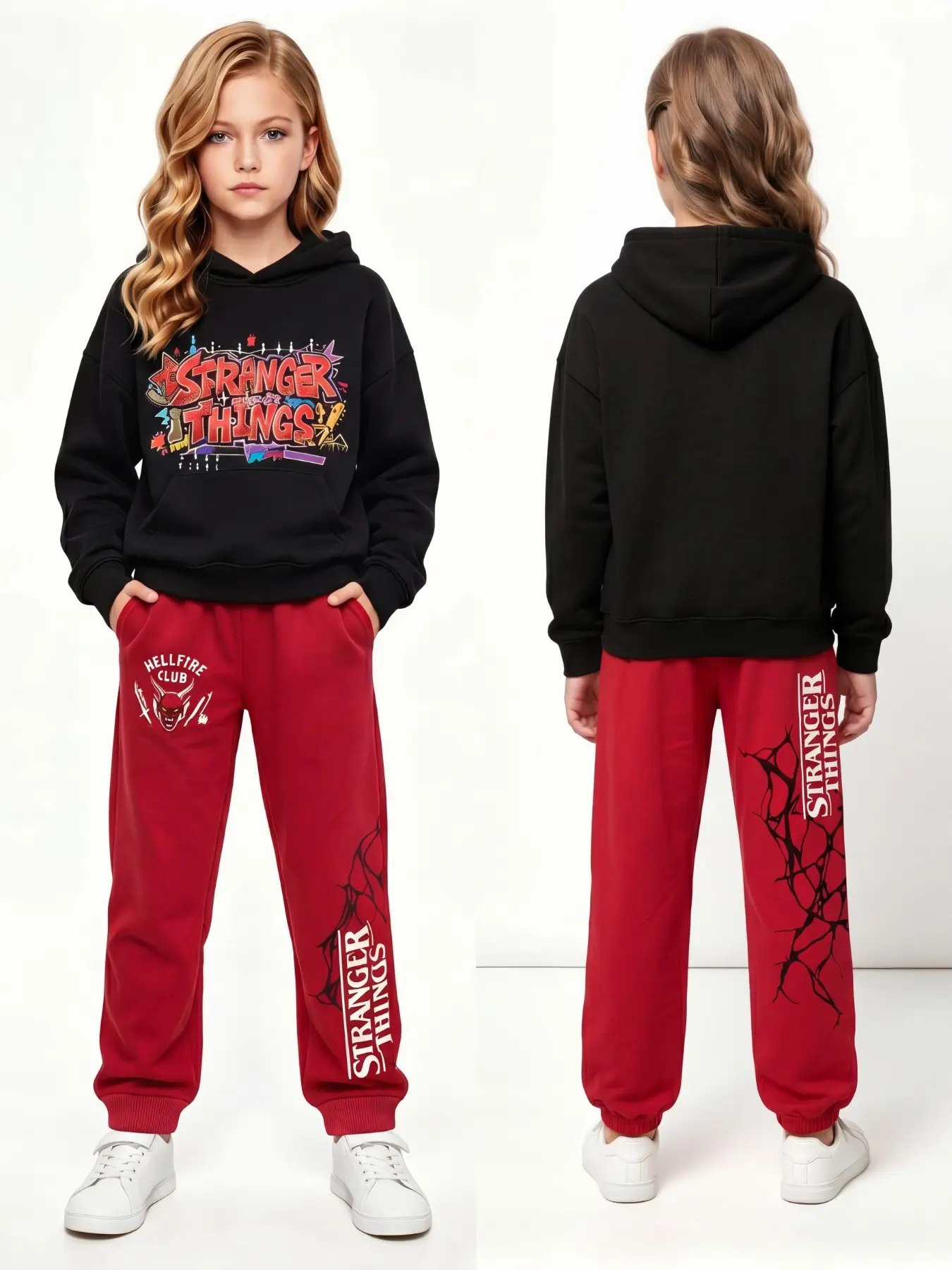 Licensed Official Authentic Genuine Stranger Things Girls 2Pcs Fall Winter Hoodie Jogger Set 4-14Y, Graffiti Stranger Things Front Print & Hellfire Club Demon Logo Crack Pattern Red Pants, Soft Smooth Heat-Locking Skin-Friendly Fabric, Back To School Lawn