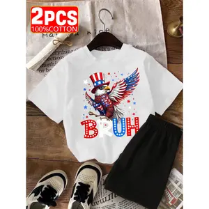 Independence Day 2pcs New Summer Outfit for Girls Short Sleeve T-Shirt And Shorts Eagle with American Flag Hat Bruh Design 100 for Outdoor