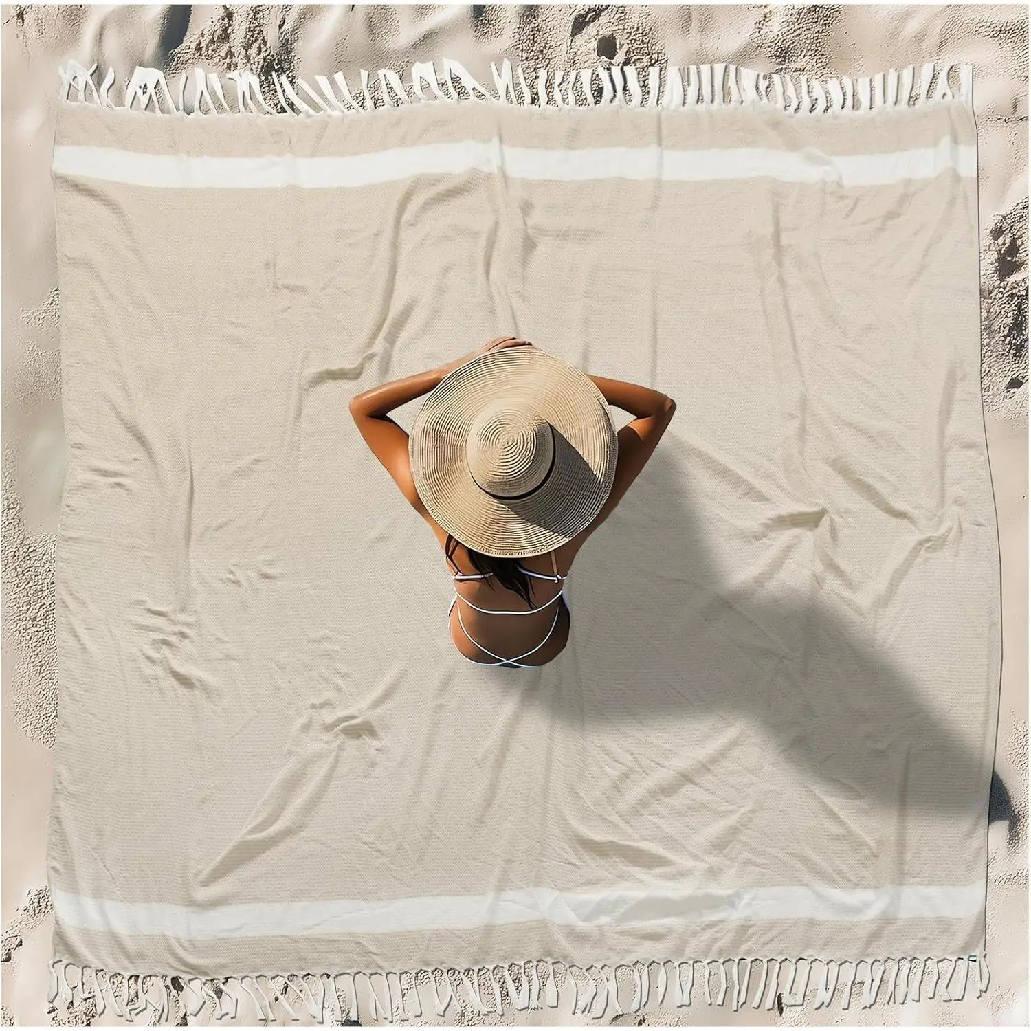 Turkish Beach Towel Blanket Oversized 88x82 Inch Quick Dry Beige | Lightweight Compact Portable Sand Free Absorbent Boho Woven Throw for Pool Swimming Picnic Camping Cruise Outdoor Essentials