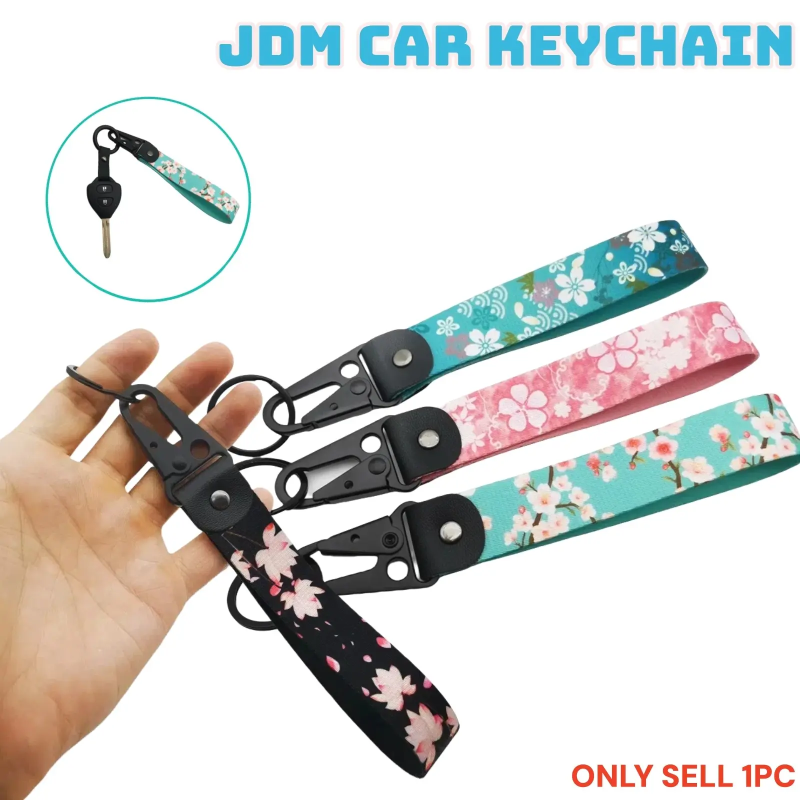 1 pc JDM Car Keychain with Japanese Oriental Florals Print Keyring - Features Wrist Lanyard & Backpack Hook, Ideal for Both Men & Women, Perfect for Motorcycles, Car Parts, & Auto Accessories, Car Key Chains, Flower Keychain