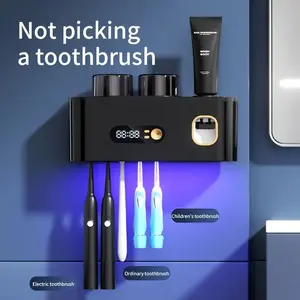 1 smart toothbrush sterilizer with 2 cups, automatic toothpaste dispenser, 5-slot storage brush holder, USB rechargeable lithium battery, and clock display | Modern bathroom organizer | Durable plastic holder for teeth cleaning essentials