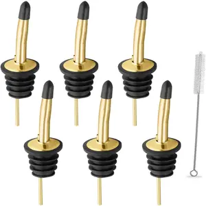 6 Pcs Liquor Pour Spouts Set, Stainless Steel Liquor Bottle Pourers with Rubber Dust Caps, for Pours Liquid, Olive Oil, Wine, Vinegar (Gold)