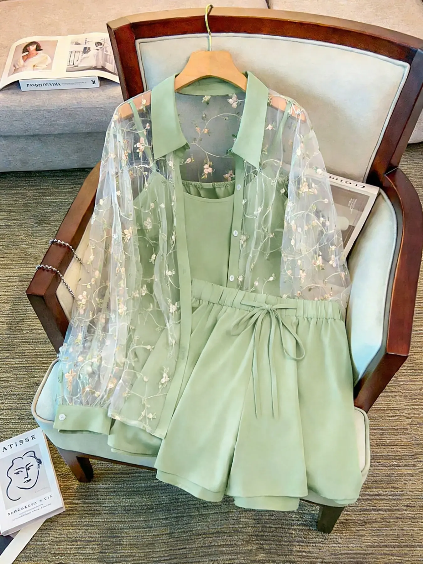 Women's Summer 3-Piece Matching Set, Floral Embroidery Sheer Blouse & Cami Top & Shorts, Casual Fitted Outfit for Vacation, Commute & Daily Wear