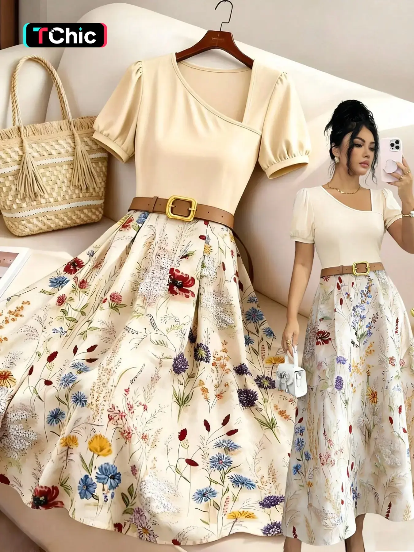 Women's Solid Apricot Floral Patchwork Midi Dress, Short Sleeve, French Retro Style, Spring & Summer Wear, Versatile for Casual Everyday Wear, Music Festivals, Beaches & Dates