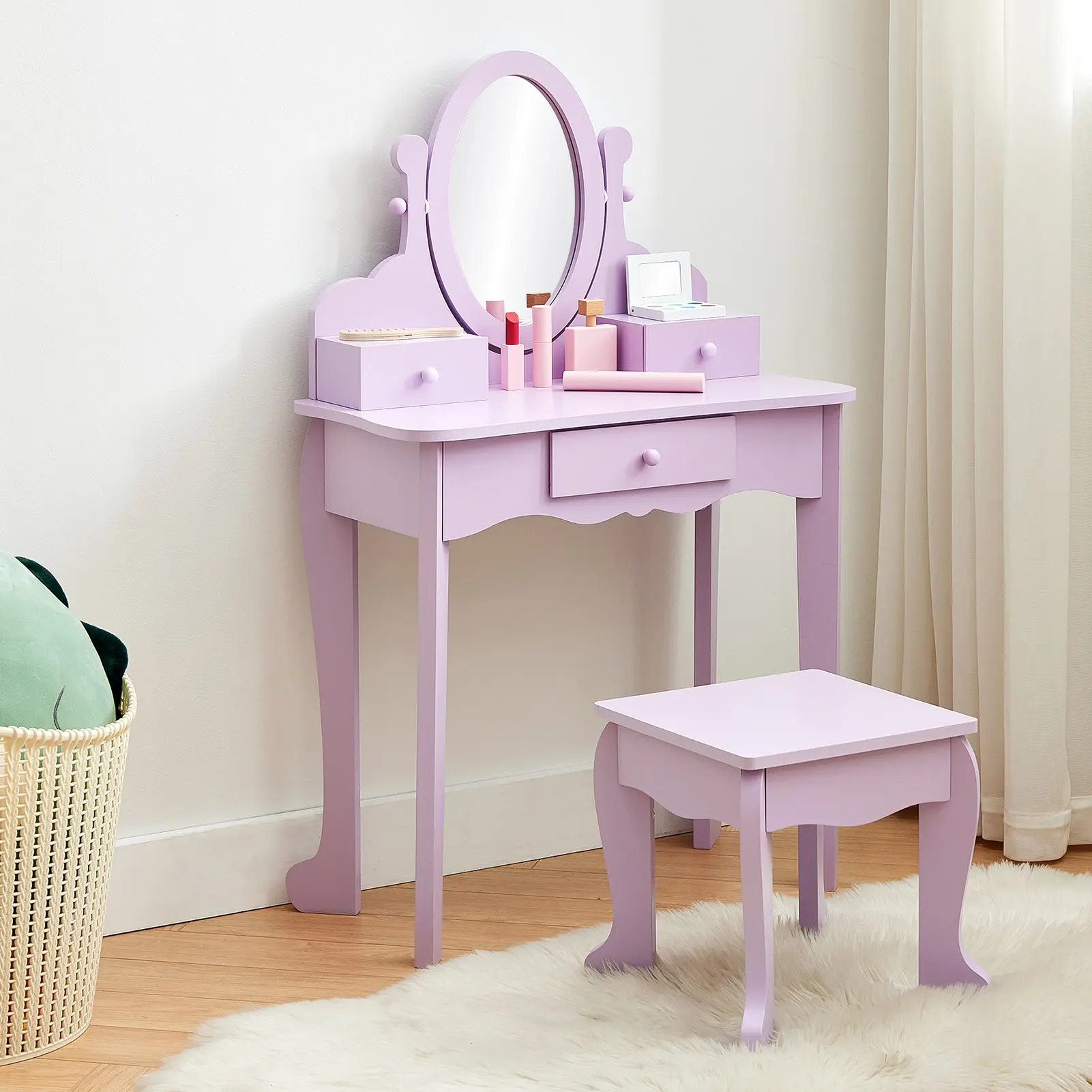 【GARVEE】Kids Vanity Table Set with Mirror & Stool Included, Sturdy Wooden Makeup Furniture Designed for Girls Ages 4-9, Perfect for Pretend Dress-Up Play, Suitable for Bedroom and Playroom