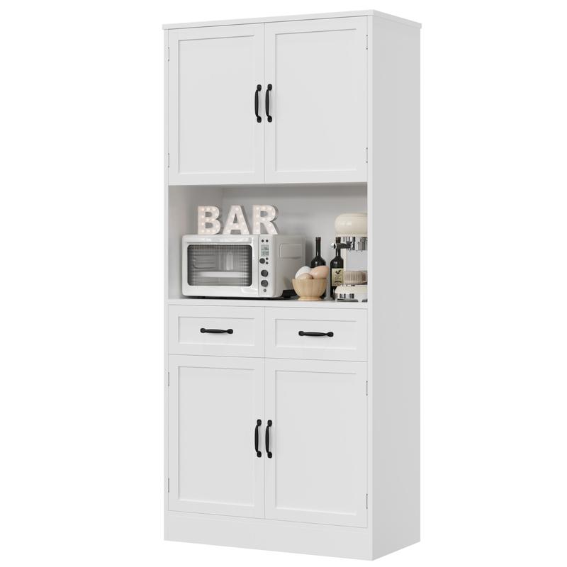 HOSTACK Tall Kitchen Pantry Storage Cabinet, Modern Kitchen Hutch Bar Cabinet with Microwave Stand, Wood Buffet Sideboard with Hutch, Cupboard with Drawers, Shelves