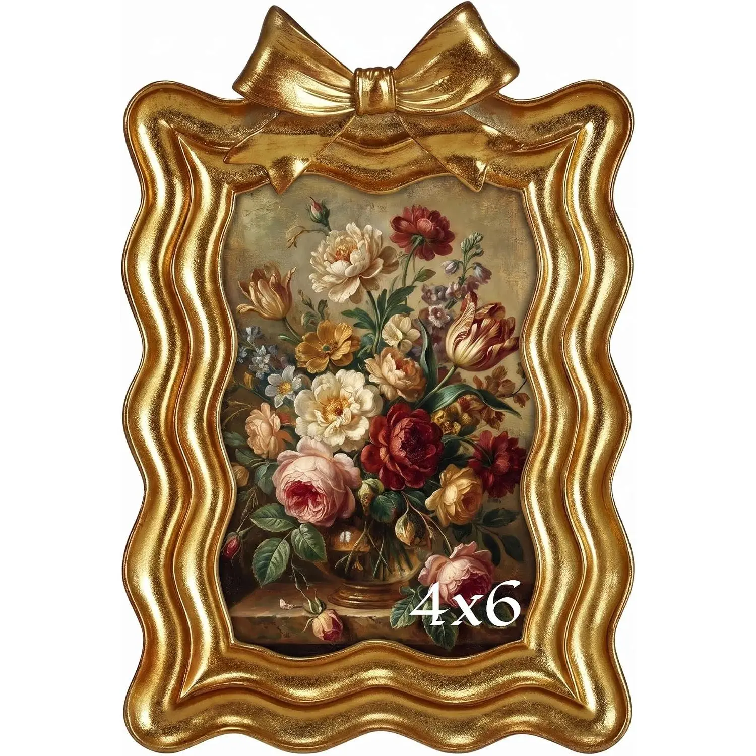 4x6   Wavy Picture Frame with Bow, Ornate Antique Baroque Photo Frame, Tabletop & Wall Mount  Decor Gifts