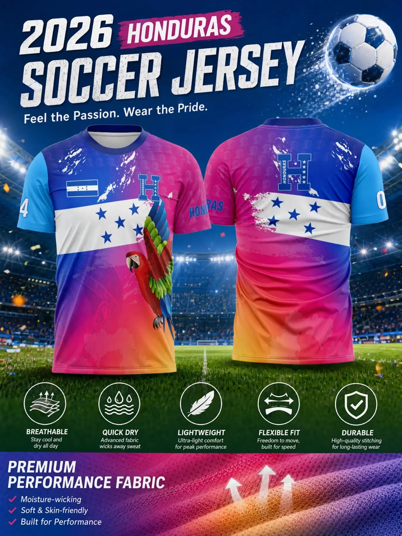 2026 Honduras National Team Jersey, Blue Gradient Parrot Pattern, Men's Quick-Dry Soccer Shirt, Breathable and Lightweight, Short Football Jerseys, Quick Dry Top, Sports Tops