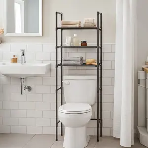3-tier drill-free bathroom shelf, space-saving storage shelf above the toilet, no-drilling installation, rust-proof metal material, sturdy and durable