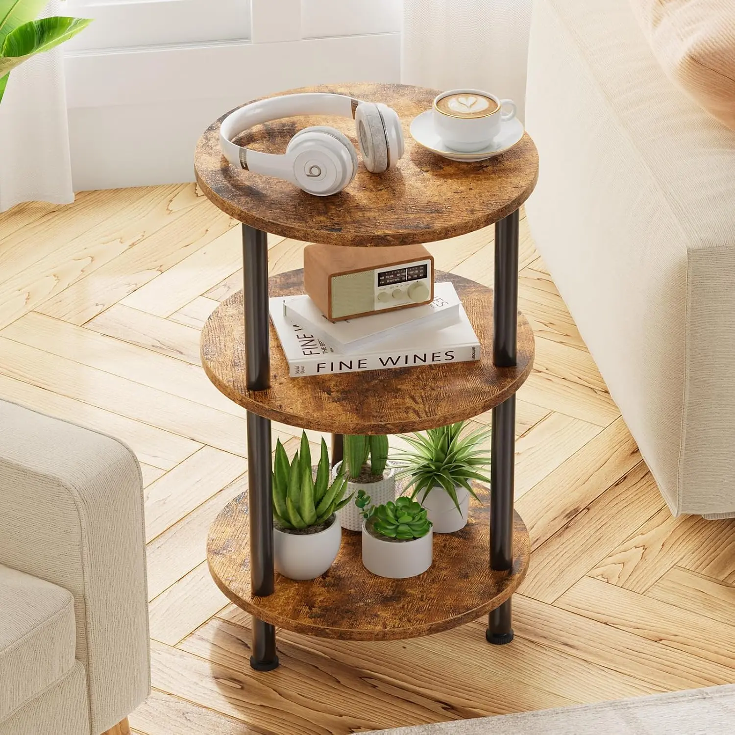 Side Table Living Room, Small Round End Table, 3 Tiers Accent Table for Small Spaces, Rustic Brown