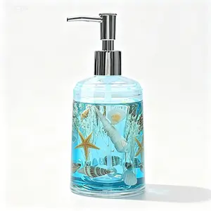 Acrylic Seashell Design Handmade Soap Dispenser with Pump - Leak-Proof Refillable Reusable Ocean Blue Container, Liquid Lotion/Dish Soap Bottle for Bathroom & Kitchen, Ideal Gift for Girls
