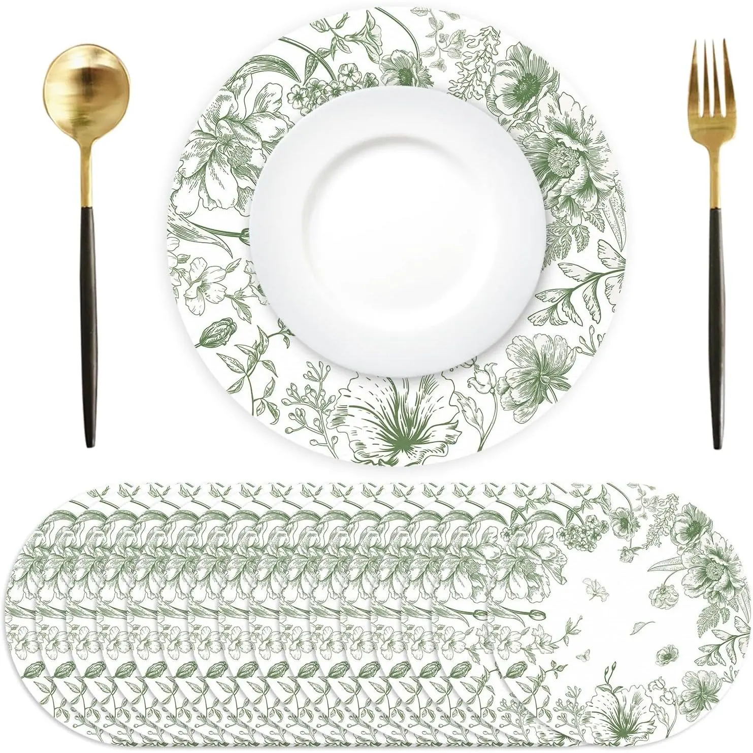 50 Pack Paper Placemats Disposable Green Floral Placemats 13.7 Inch Vintage Sage Green Flower Place Mats Chinoiserie Round Table Mats for Dinner Table Setting Birthday Wedding Party Supplies