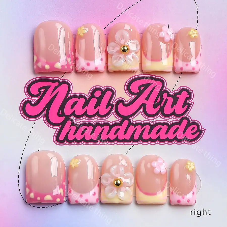 Y2K Style Handmade False Nails, 10 Fingers Per Set, XS-S-M-L Sizes, Perfect for Parties, Dates, Gifts, Includes Jelly Glue, Wooden Stick, Scrubber
