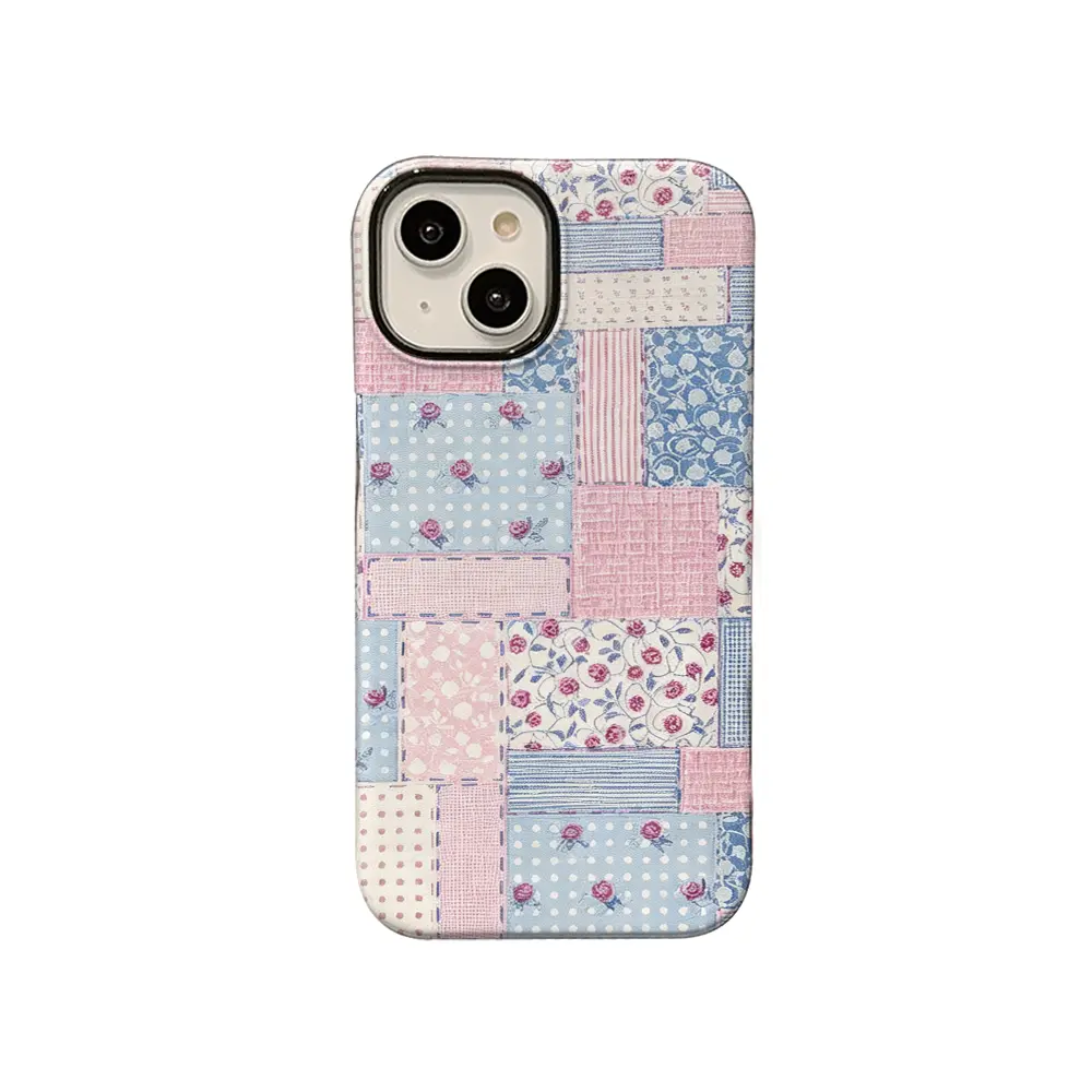 Vintage Cottage Coquette Style Pink Blue Floral Patchwork Plaid Shockproof TPU Casing Cellphone Protector Case with Flat Base, High Print - Multi-Model Fit for iOS iPhone 17,16,15,14,13,12,11 Plus Pro Max, Gift for Gift Lovers, Mobile Phone Accessory