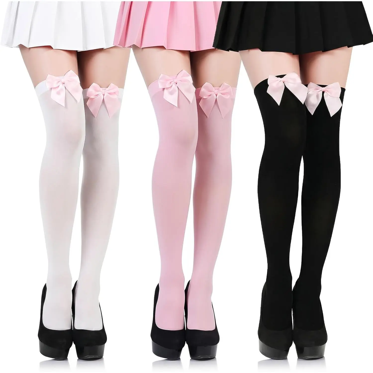 Women's Thigh High Stockings, 3-Pack Lolita Style Over the Knee Hosiery with Cute Satin Bows - Black, White, Pink, Black White Pink Stockings, Pink Bows, Over The Knee Socks