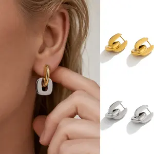 Vintage Mixed-Metal Interlocking Geometric Link Earring | Two-Tone Chunky Metallic Huggie Hoop Drop Ear Jewelry | Minimalist Bold Contrast Statement Piece for Women