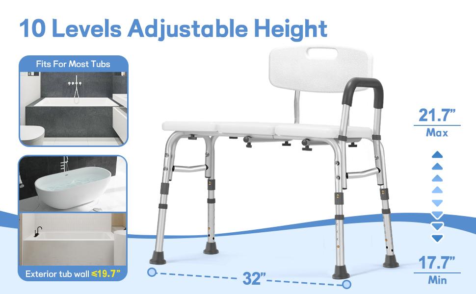 Tub Transfer Bench for, Tool Free Assembly Shower Chair with Backrest & Armrest, Shower Bench, Shower Seat for Elderly and Disabled