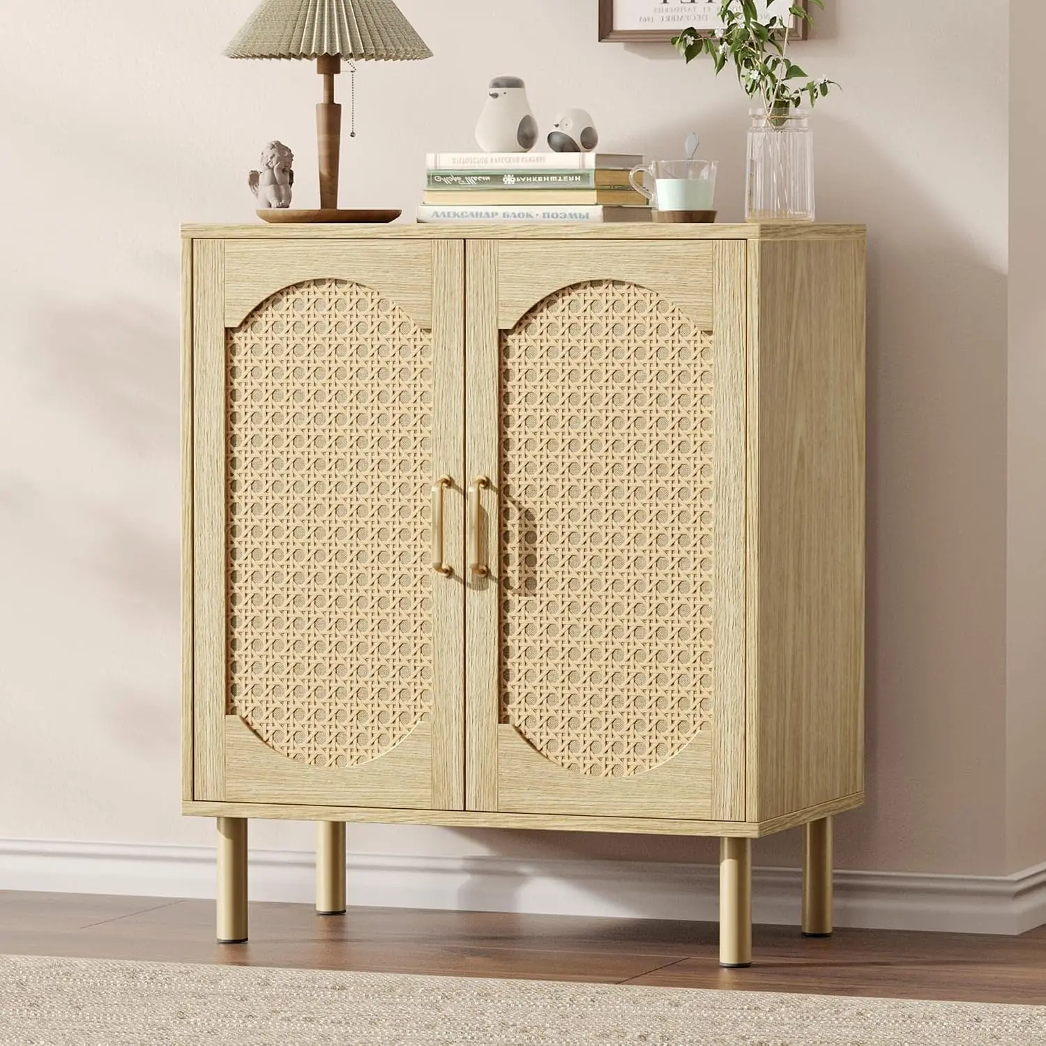 Sideboard Buffet Cabinet with Storage, Small Rattan Entryway Credenza | Modern Console Cabinet with Doors & Adjustable Shelf, Wood Buffet for Kitchen, Dining Room, Living Room, Light Oak