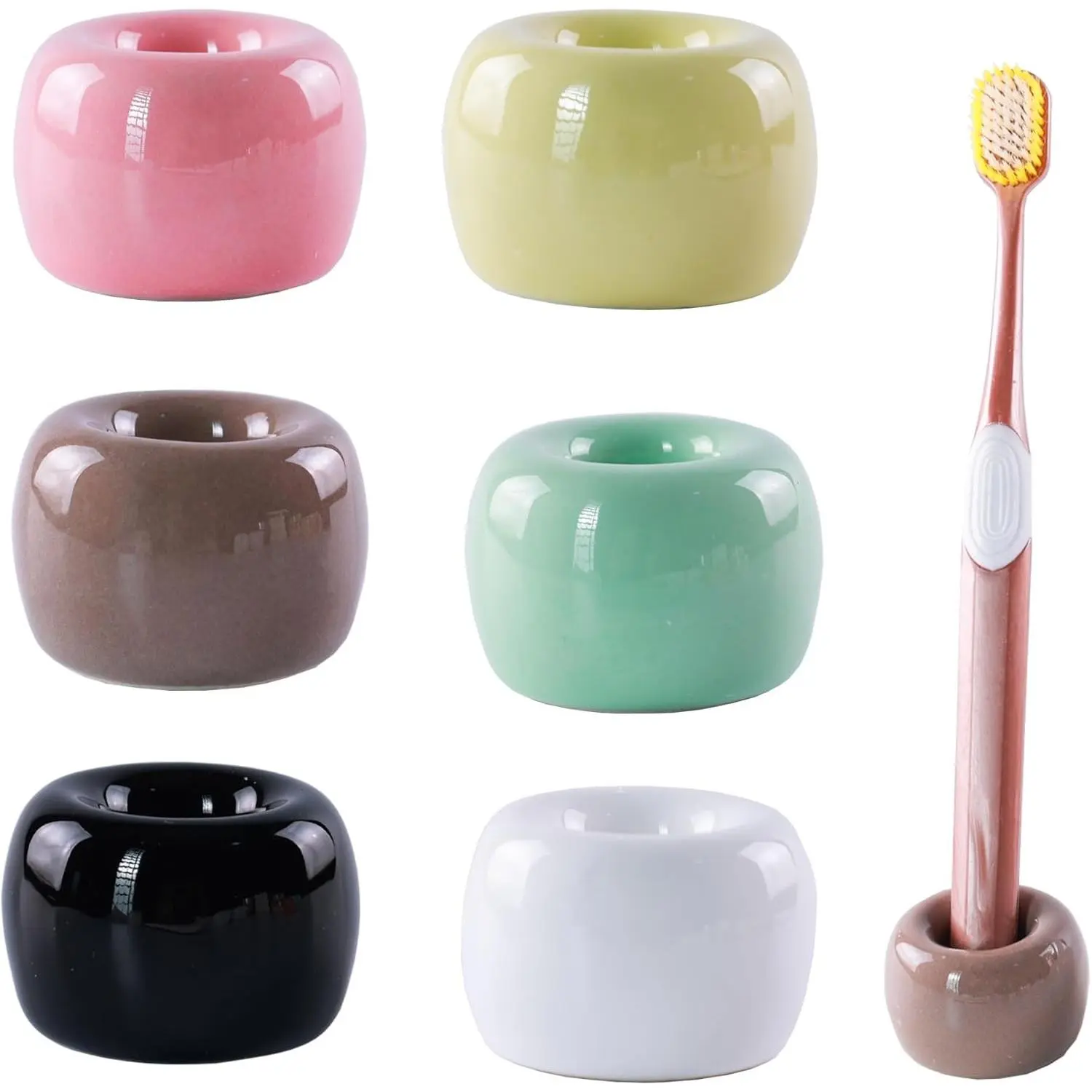Set of 6 Sleek Mini Ceramic Toothbrush Holders, Small Ceramic Rings, Perfect Size for Bathroom Vanity CountertopsGift