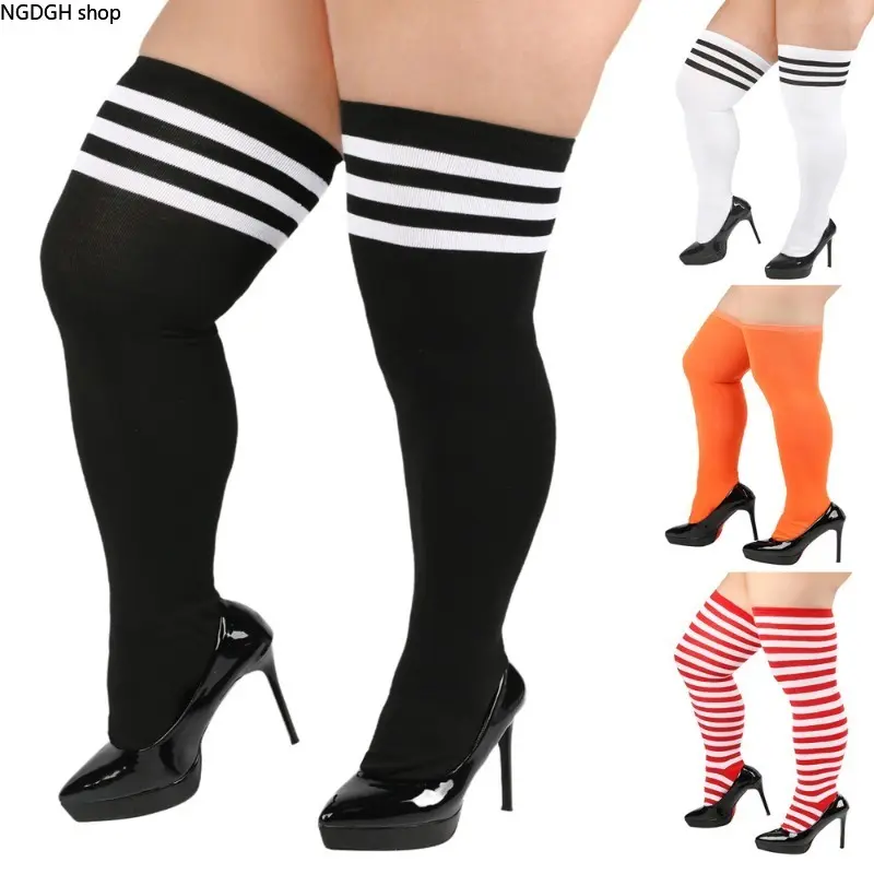 Plus Size Thigh High Socks with Triple Stripes, Stretchy Over Knee Stockings for Women, Non Slip Knit Long Socks, White Black Orange Red Striped Hosiery, Perfect for Daily Wear, Party & Cosplay Outfits.