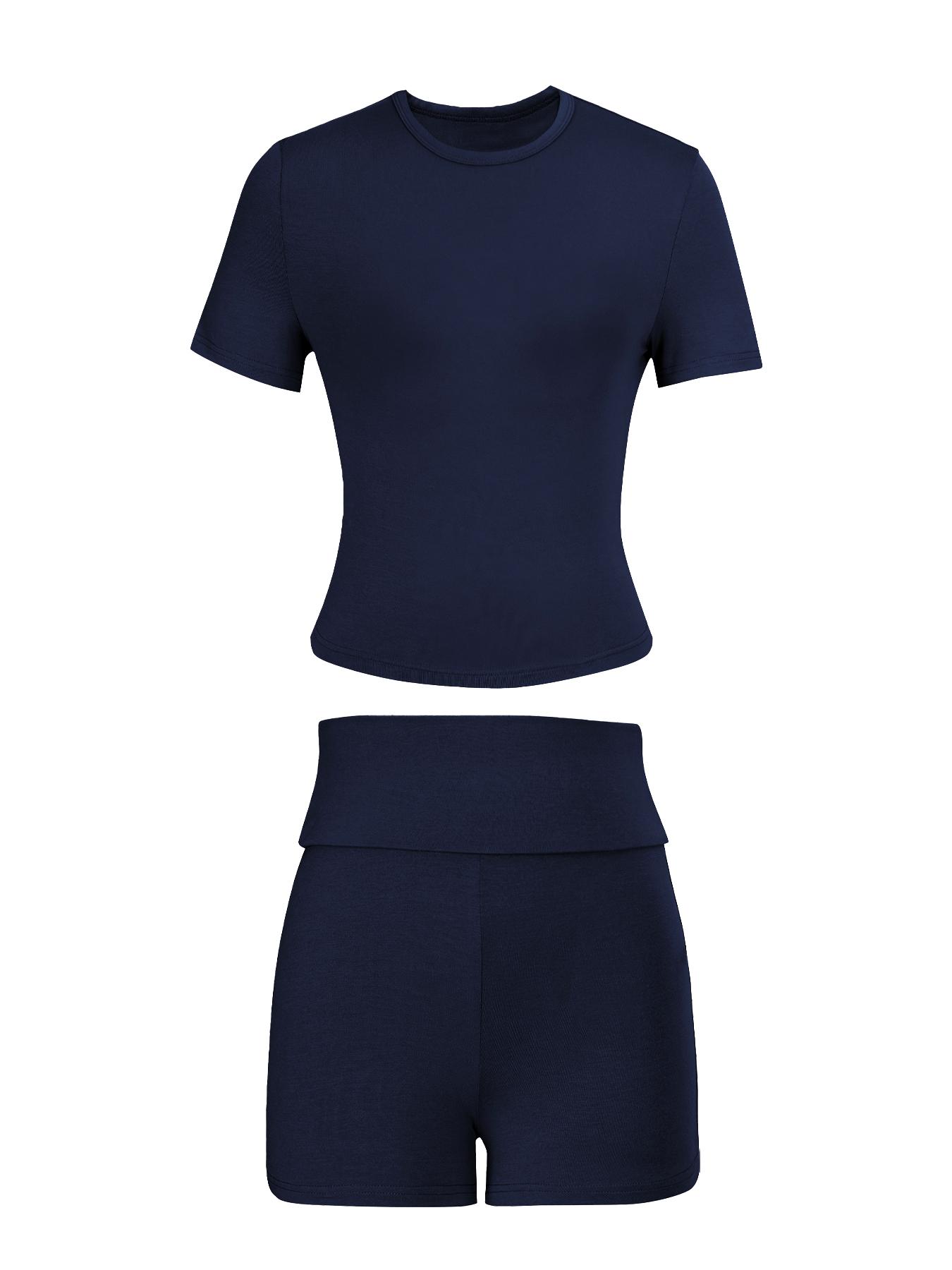 Women's Solid Color Modal Loungewear Set, Casual Comfy Round Neck Short Sleeve Top & High Waist Shorts Pj Set, Ladies Sleepwear for All Seasons, Casual Pajamas Outfit