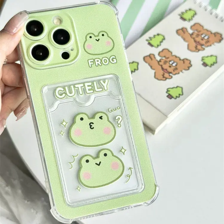 Cute Cartoon Frog Handheld Card Holder Smartphone Casing - TPU Material, Compatible with iPhone 11,12,13,14,15,16,17,X,XS Max & Samsung Cellphone Devices, Accessories