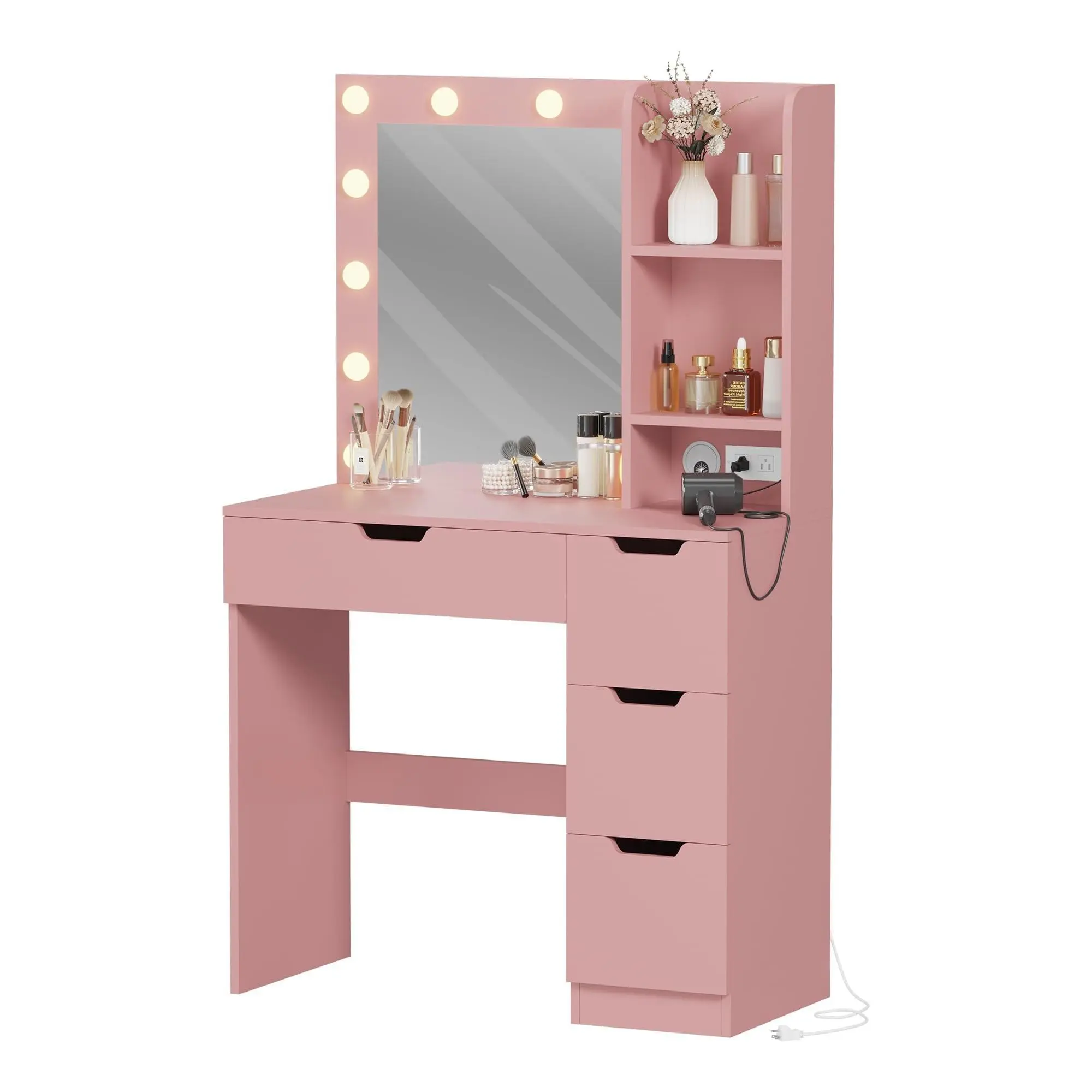 Garvee Vanity Desk with Mirror and Lights, 35.4" Makeup Vanity with 4 Drawers, 3 Open Shelves, Power Outlets & 3 Lighting Colors, Small Makeup Dressing Table for Bedroom, Pink