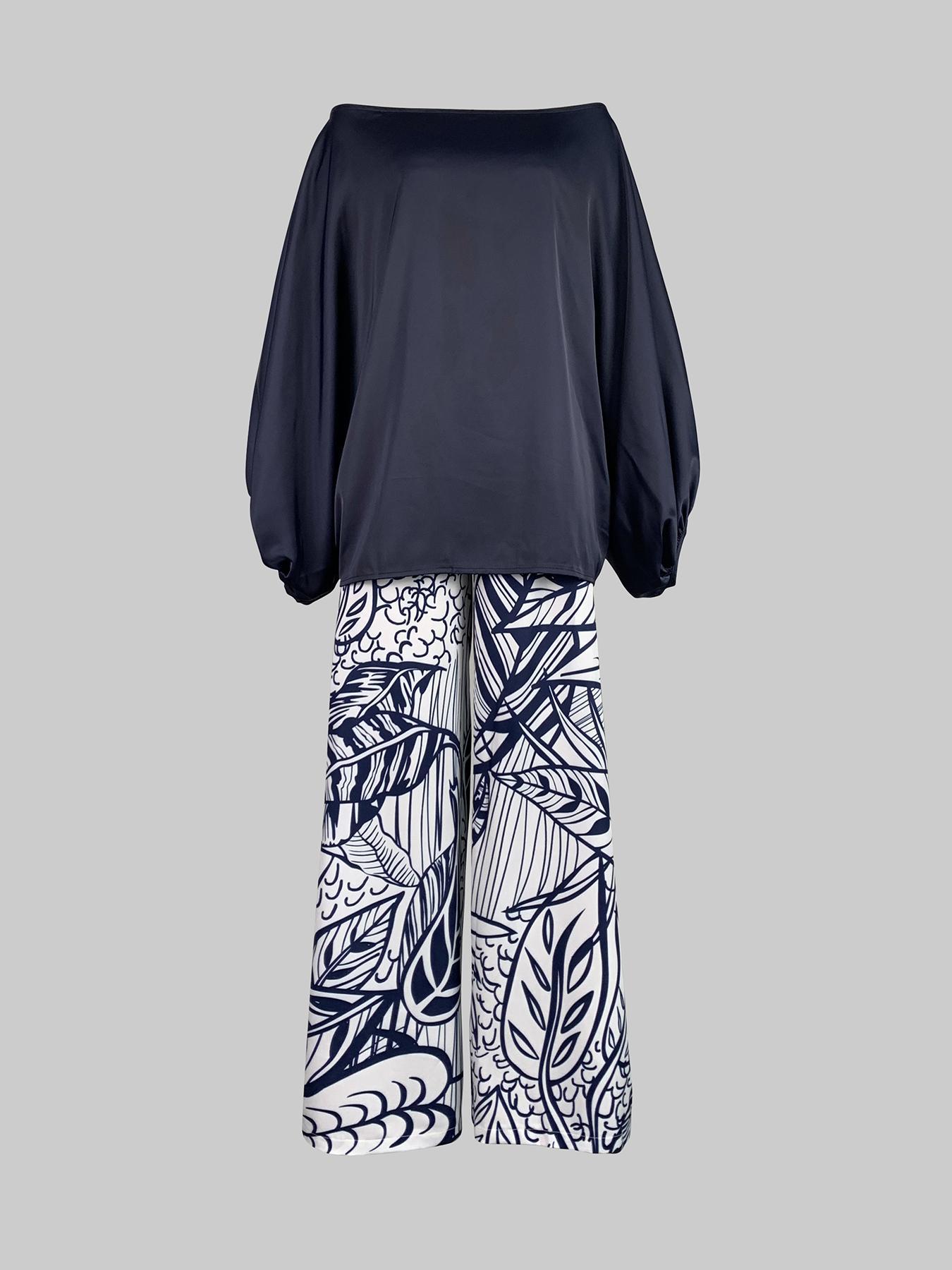 Solid color printed woven loose wide leg pants with bubble sleeves and off shoulder two-piece pants set matching clothing set