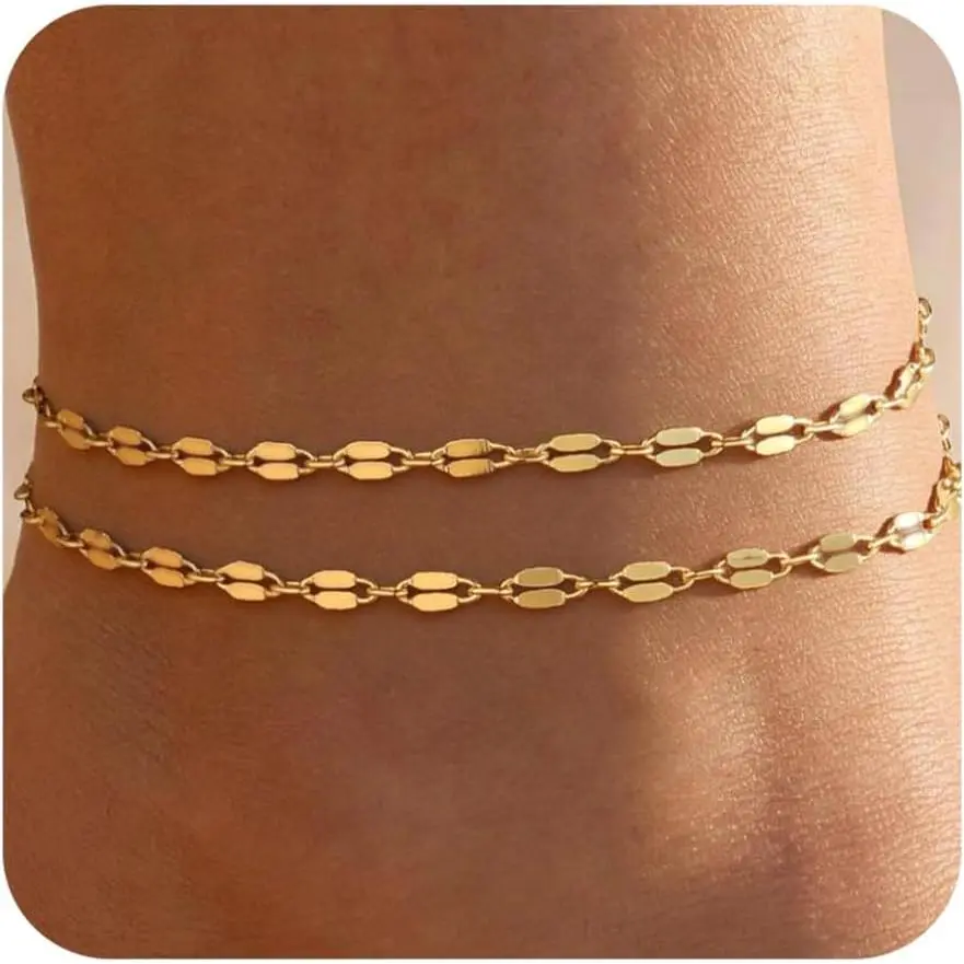 Plated Layered Anklet for Women, Adjustable Ankle Bracelet  | Adjustable layered chain anklet,secure clasp,,tarnish-resistant,lightweight,for beach,,parties,daily wear