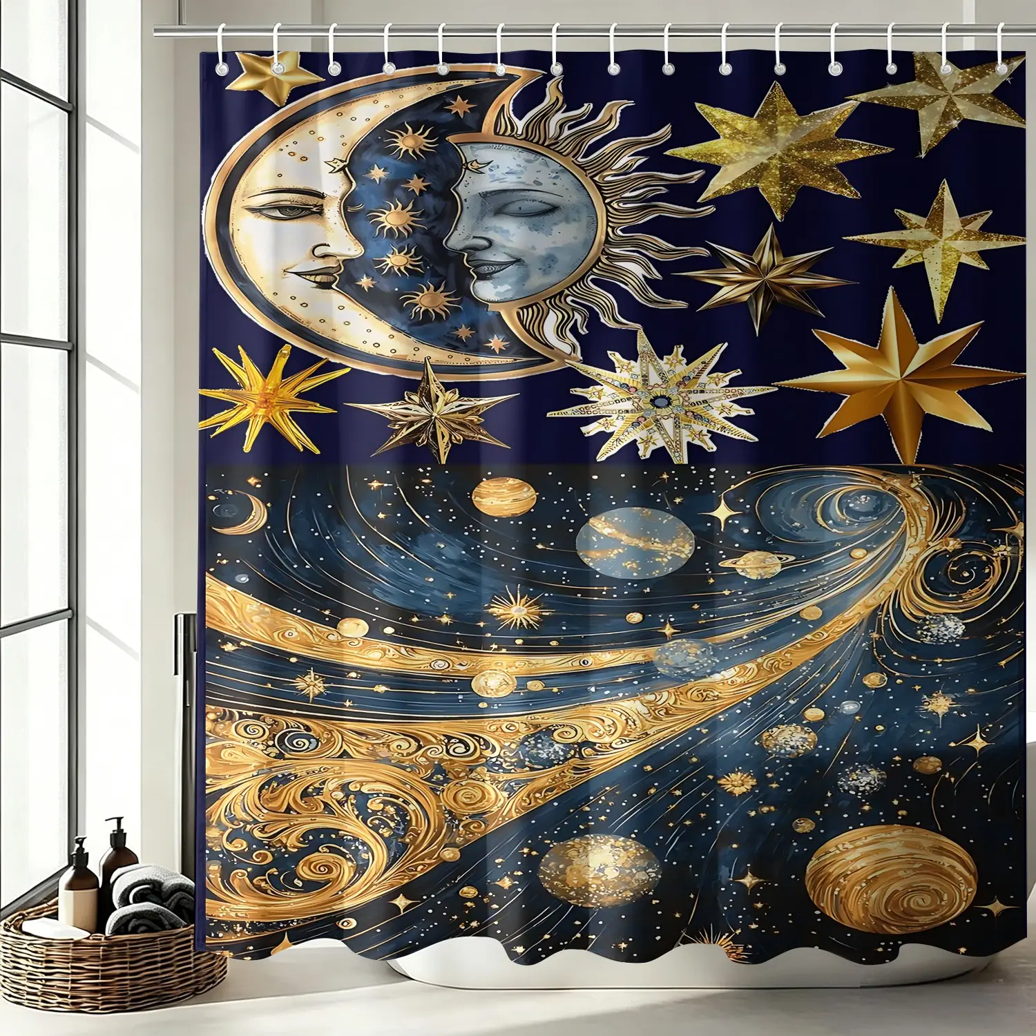 Gold Sun Moon Face Galaxy Pattern Shower Curtain, Waterproof, Complete with Quick Install Hanging Hooks, Boho Celestial Space Themed Decor Shower Curtain, for Dreamy Spiritual Cosmic Bathroom Vibe