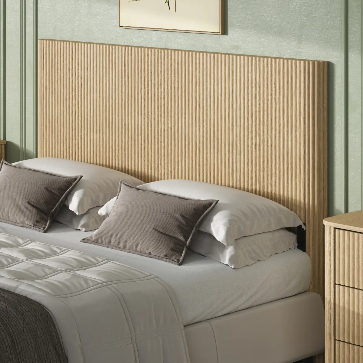 Queen Size Wood Headboard - 65.4" W x 44.5" H Oak Finish, Wavy Line Design, MDF-Iron Frame, Easy Setup Vintage Furniture for Standard Queen Metal Frame Beds, Farmhouse Style Home Rustic Decor