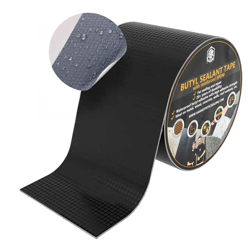 HSS Butyl Adhesive Sealant Tape Roll with R2+-Reinforced EPDM Layer, Airtight Weather-Resistant Seal for Roof Repairs, Metal/Plastic Joints, Black, 4x50 in
