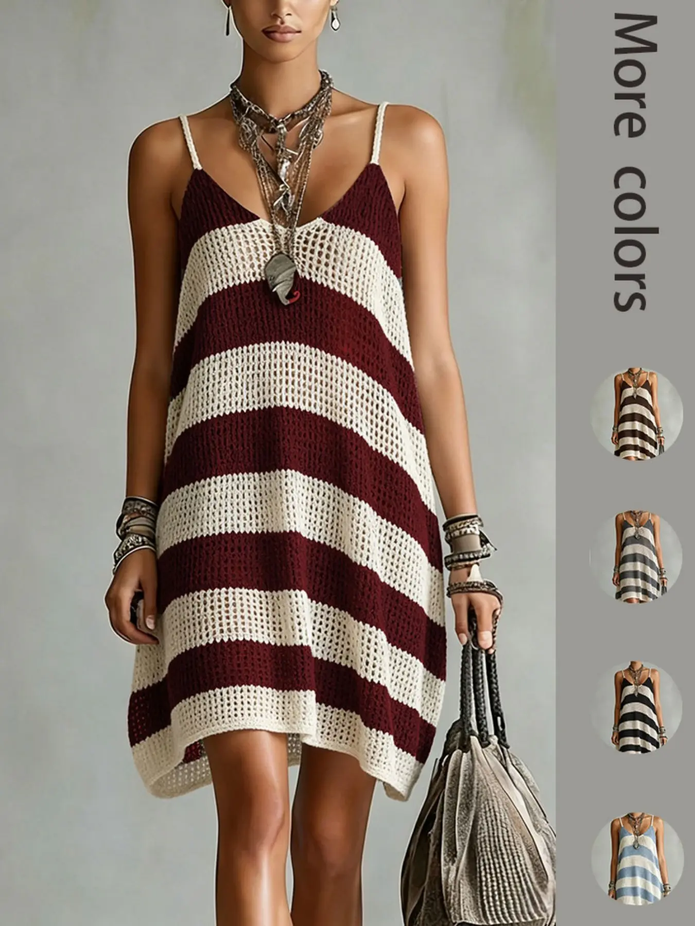 Sling Halter Dress, Spaghetti Strap, Wide Stripes, Boho Style, Knit, Hollow Out Breathable, V Neck Design, Beach Vacation Outerwear
